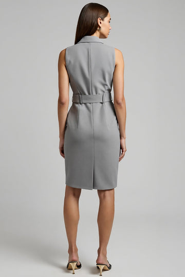 Grey Satin Double Breasted Notched Lapel Midi Work Dress with Belt